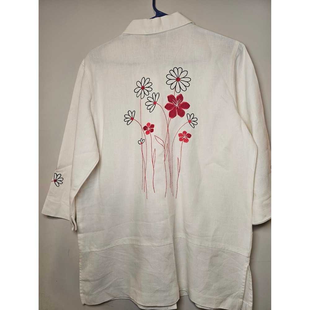 Norton McNaughton White 100% Linen Embroidered Floral Button Down Shirt Small